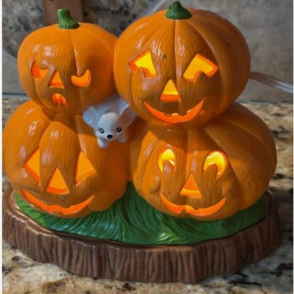 Vintage Ceramic Light Jack-O-Lanterns Mouse Witch Hat Pumpkin